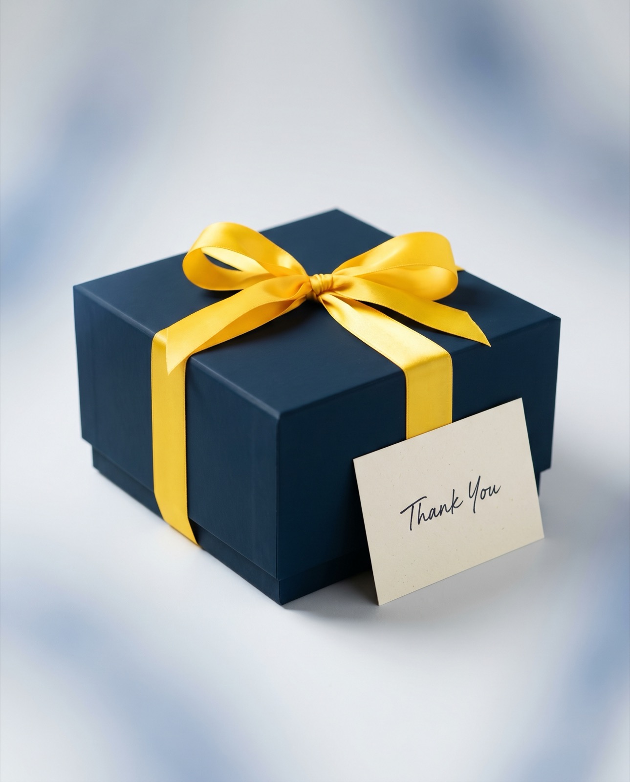 A premium branded gift box with a handwritten card, in the Good Thnx navy and yellow palette