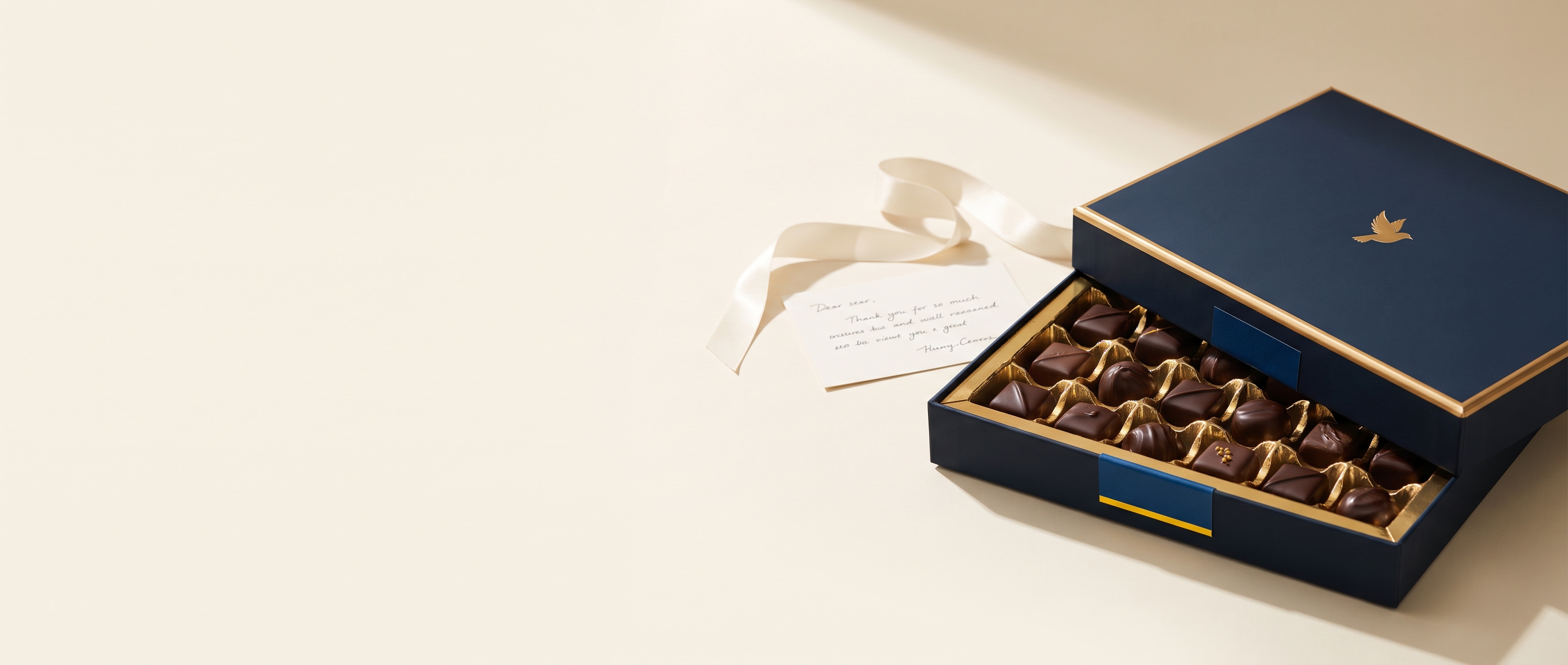 An open navy presentation box of artisan chocolates in a gold-foil tray with a handwritten thank-you note and ribbon, on a warm cream backdrop